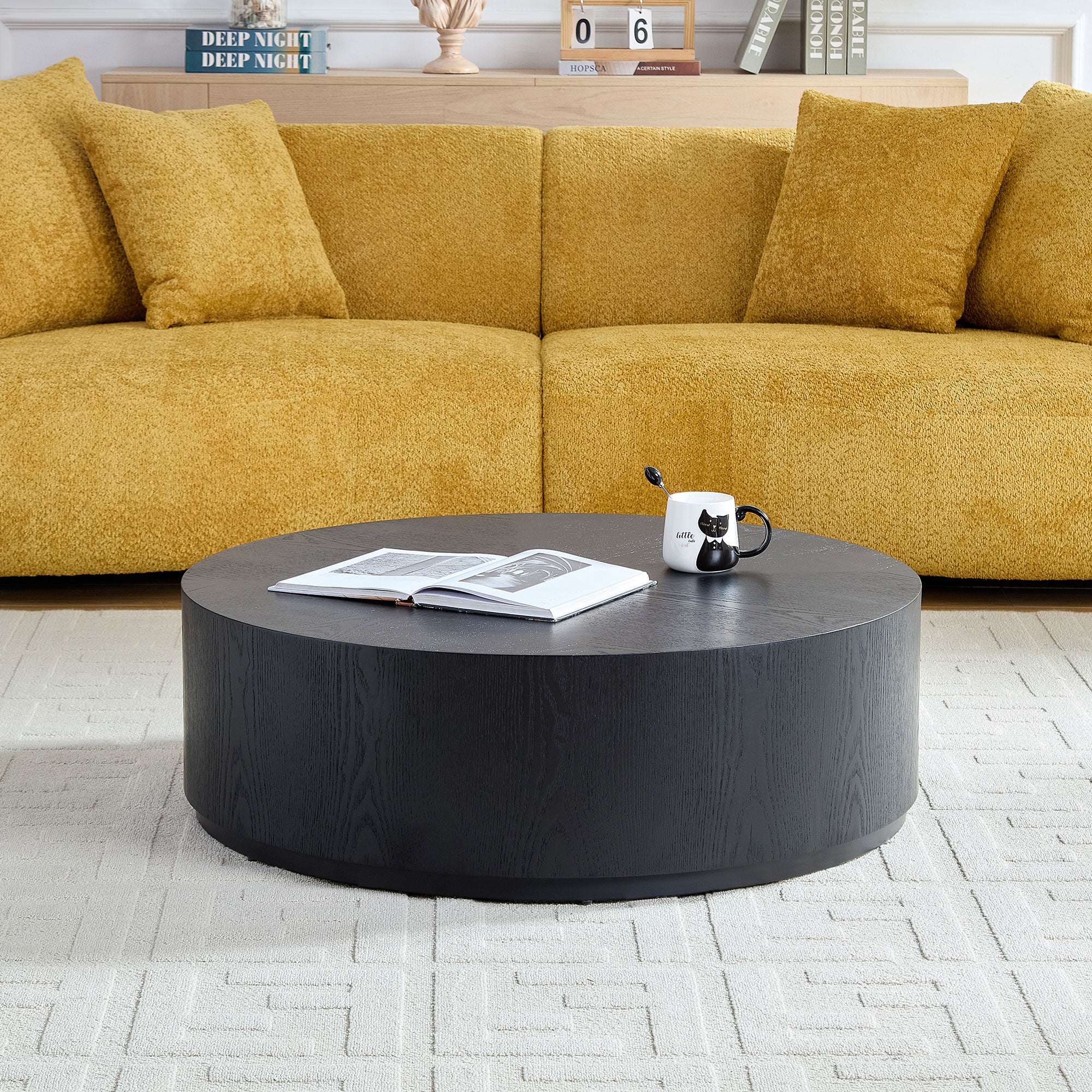 35.43 Inch Modern Round Coffee Table MDF Coffee Table For Living Room,Drum Center Table For Apartment,No Need Assembly,Black W2582P188323