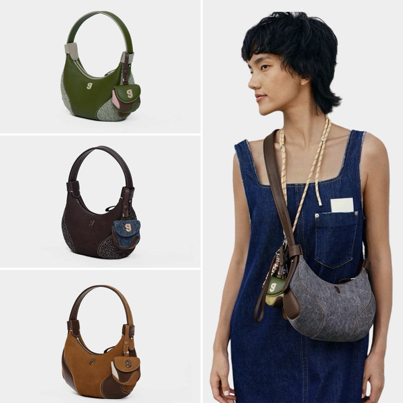 Sac d'Épaule Demi-Lune Pour Femme Style Baseball avec Bandoulière Double Noir
