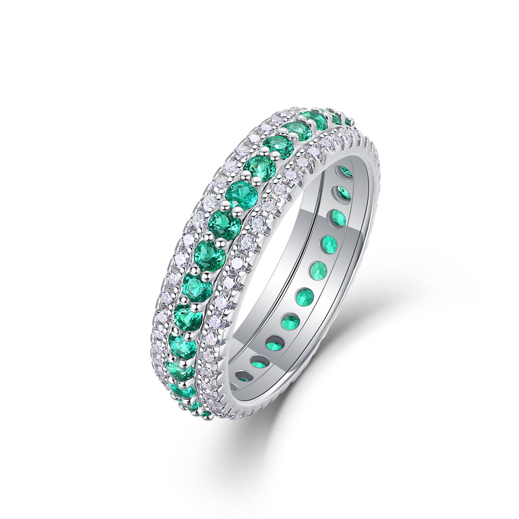 Bague 3,6g en argent sterling S925 plaqué platine, 3 rangs pavés vertes