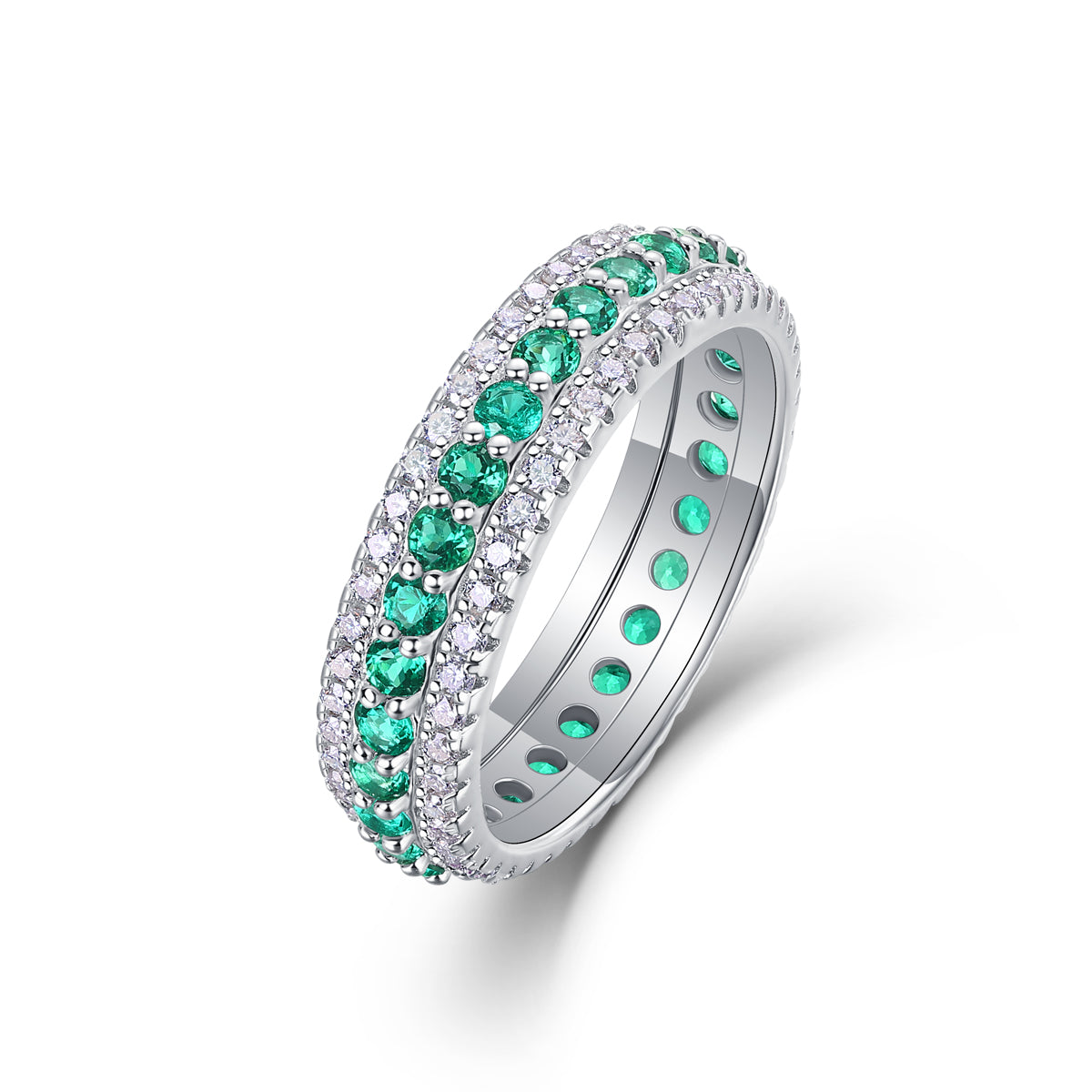 Bague 3,6g en argent sterling S925 plaqué platine, 3 rangs pavés vertes