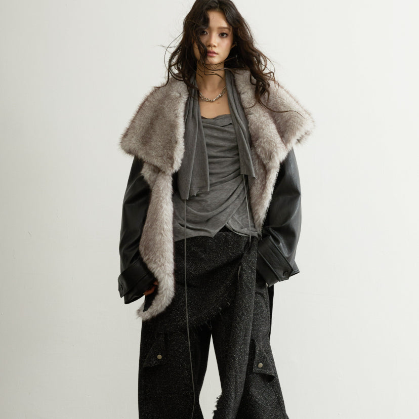 Veste élégante en cuir PU avec col en fausse fourrure amovible pour femme