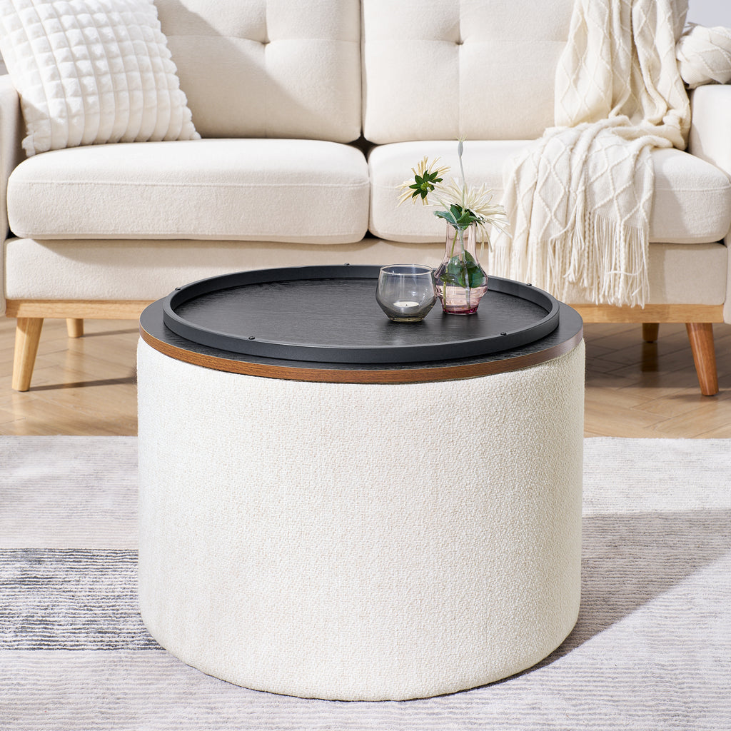 2-Piece Set Round Chenille Storage Ottoman, Equipped With A Drum Shaped Small Stool, Storage Space, And MDF Made Desktop Panel Beige 23.62x23.62x16.53