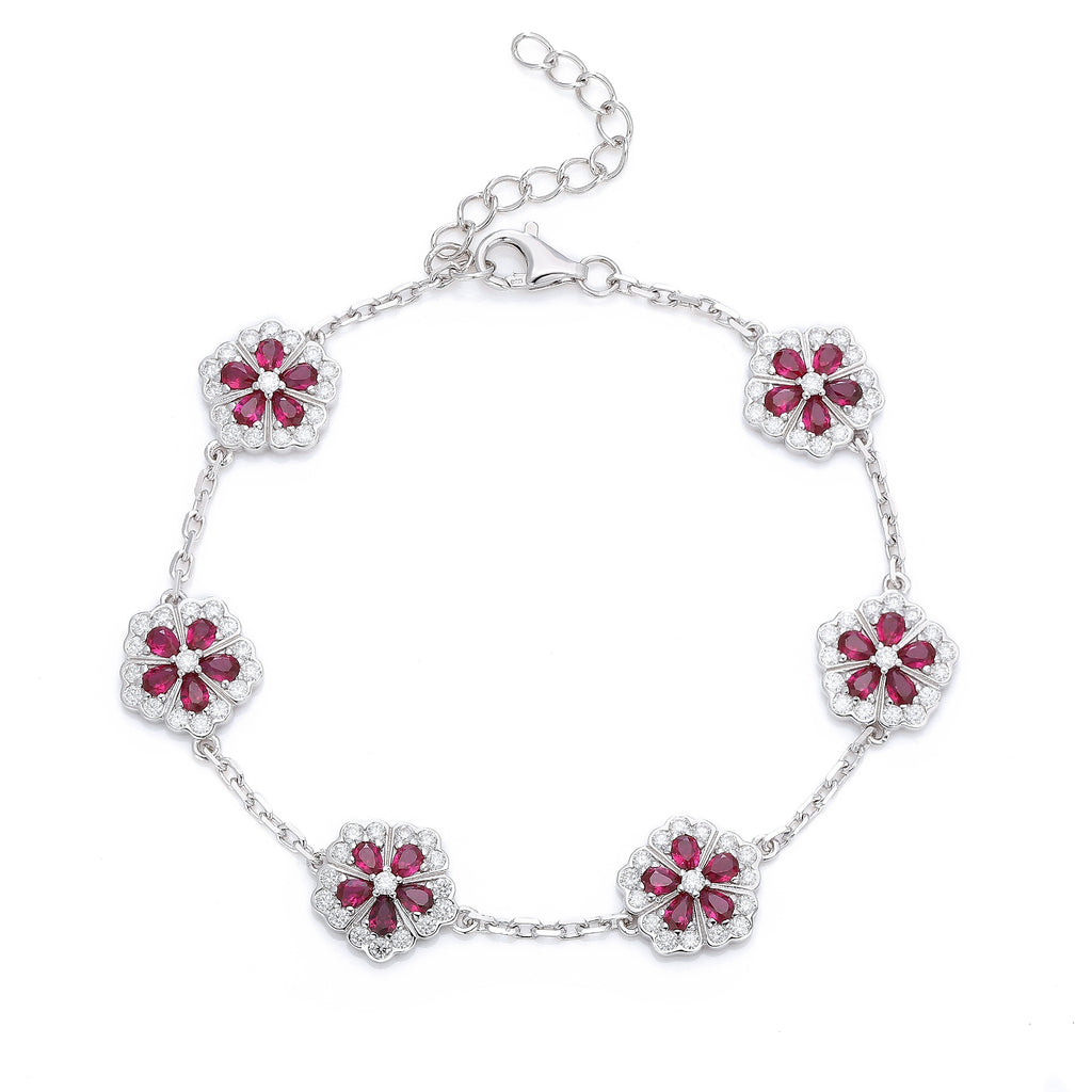 Bracelet Fleur en Argent Sterling S925, Gemmes Rouges Synthétiques, 16 cm, Plaqué Platine, Moissanite D Couleur VVS1 Certifiée GRA, Coffret Cadeau
