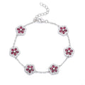 Bracelet Fleur en Argent Sterling S925, Gemmes Rouges Synthétiques, 16 cm, Plaqué Platine, Moissanite D Couleur VVS1 Certifiée GRA, Coffret Cadeau