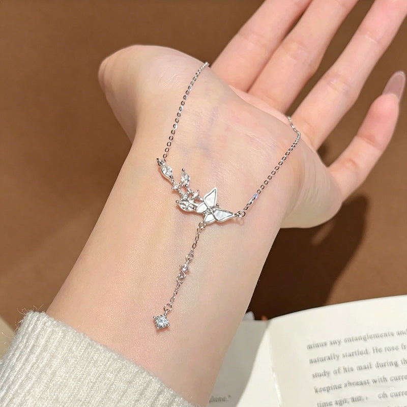 Collier Papillon Argent 999 Avec Pompon & Coquille Blanche, Chaîne Luxe Style Forêt, Cadeau Pour Petite Amie et Meilleure Amie