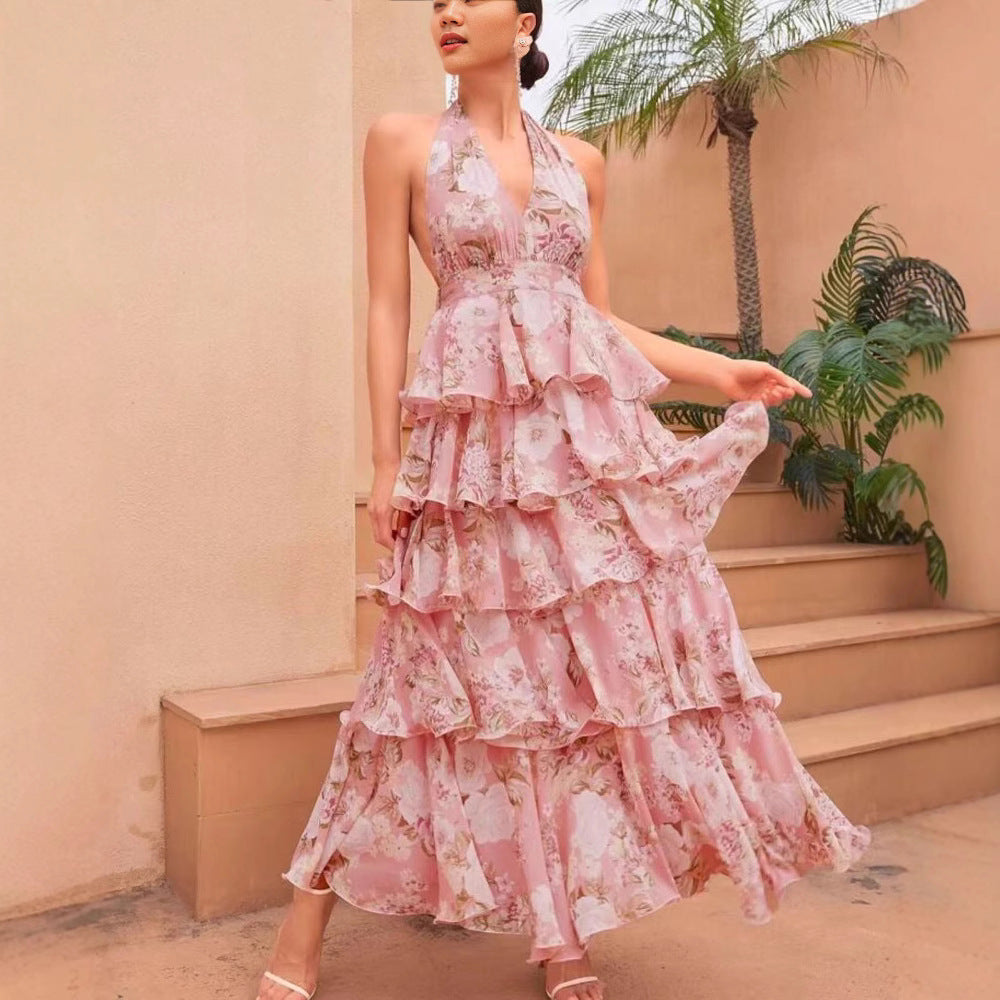 Robe pour Femme à Col en V et Bretelles, Imprimé Multicouche Élégant