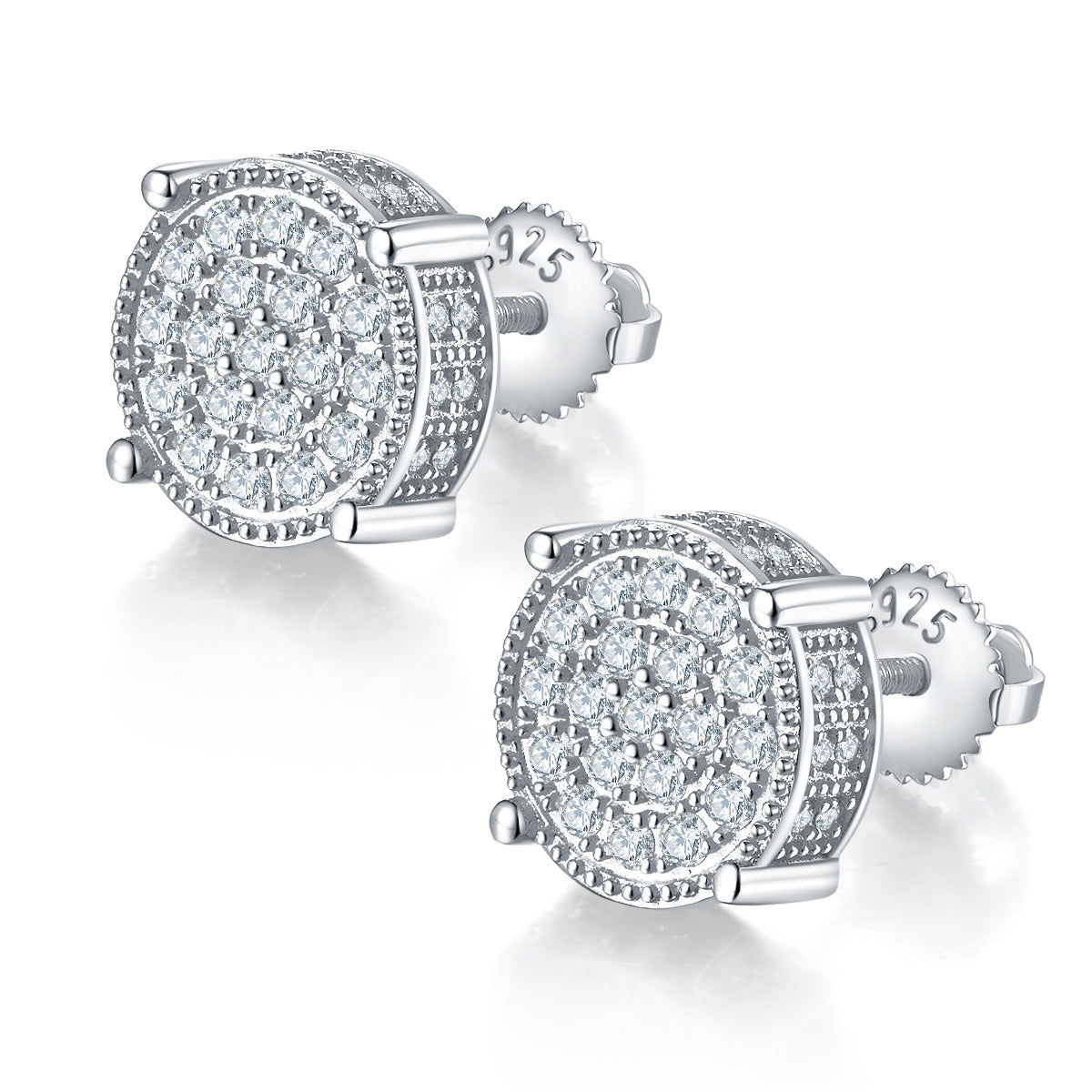 Boucles d'Oreilles Puces Rondes 3D Moissanite D Couleur VVS1 10,2 mm Argent 925
