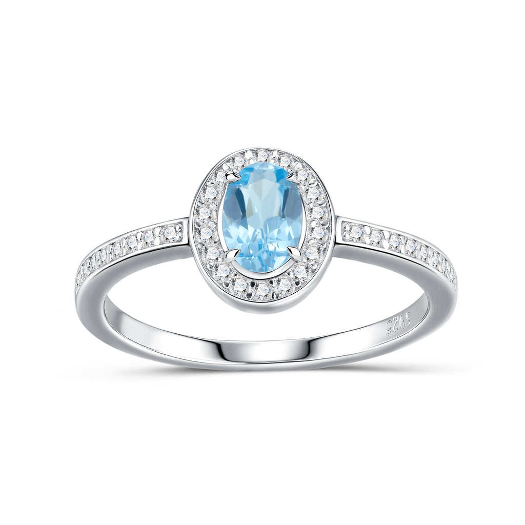 Bague délicate promise en argent sterling S925 plaqué platine, topaze bleue ovale halo 2g, bijou mode femme, coffret cadeau