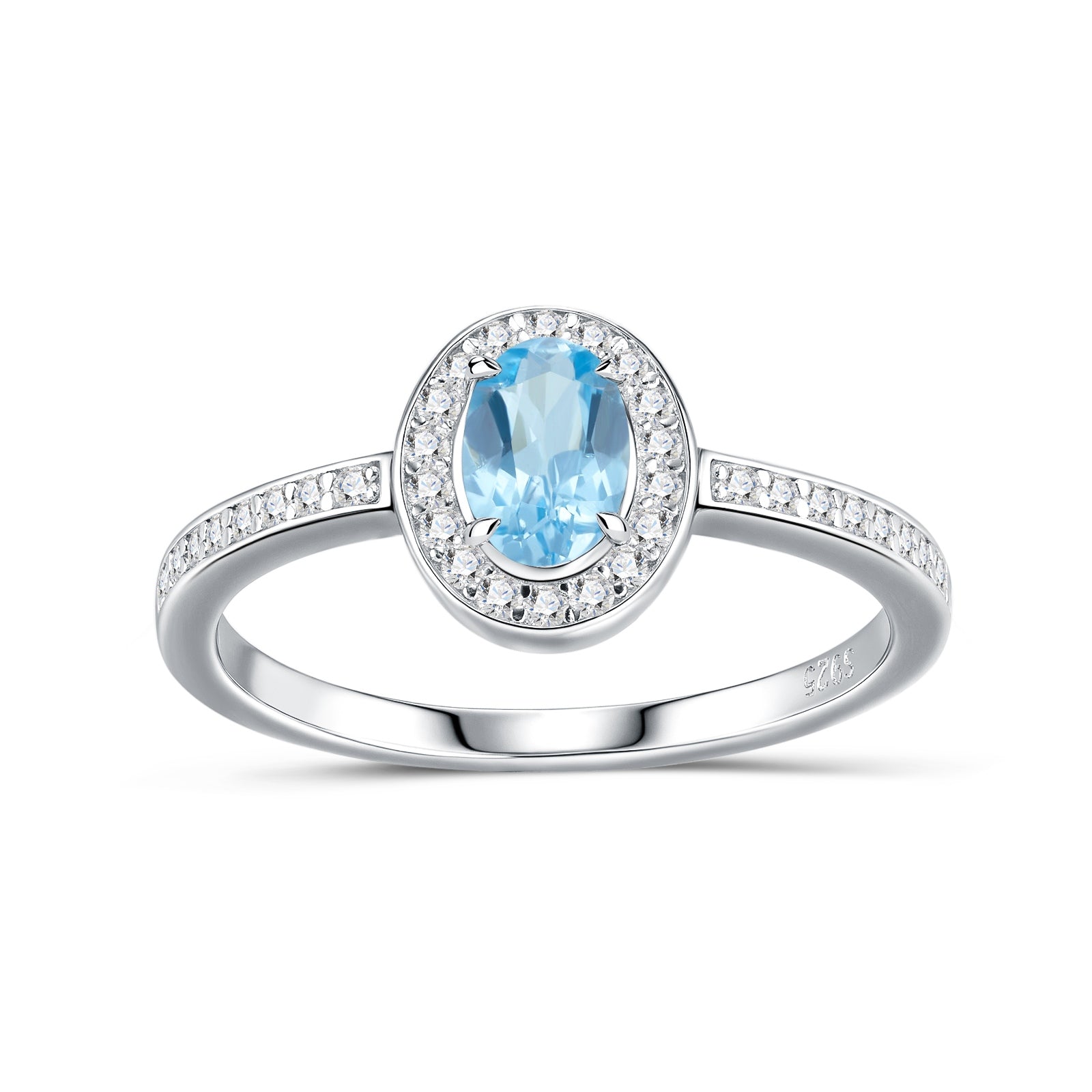 Bague délicate promise en argent sterling S925 plaqué platine, topaze bleue ovale halo 2g, bijou mode femme, coffret cadeau