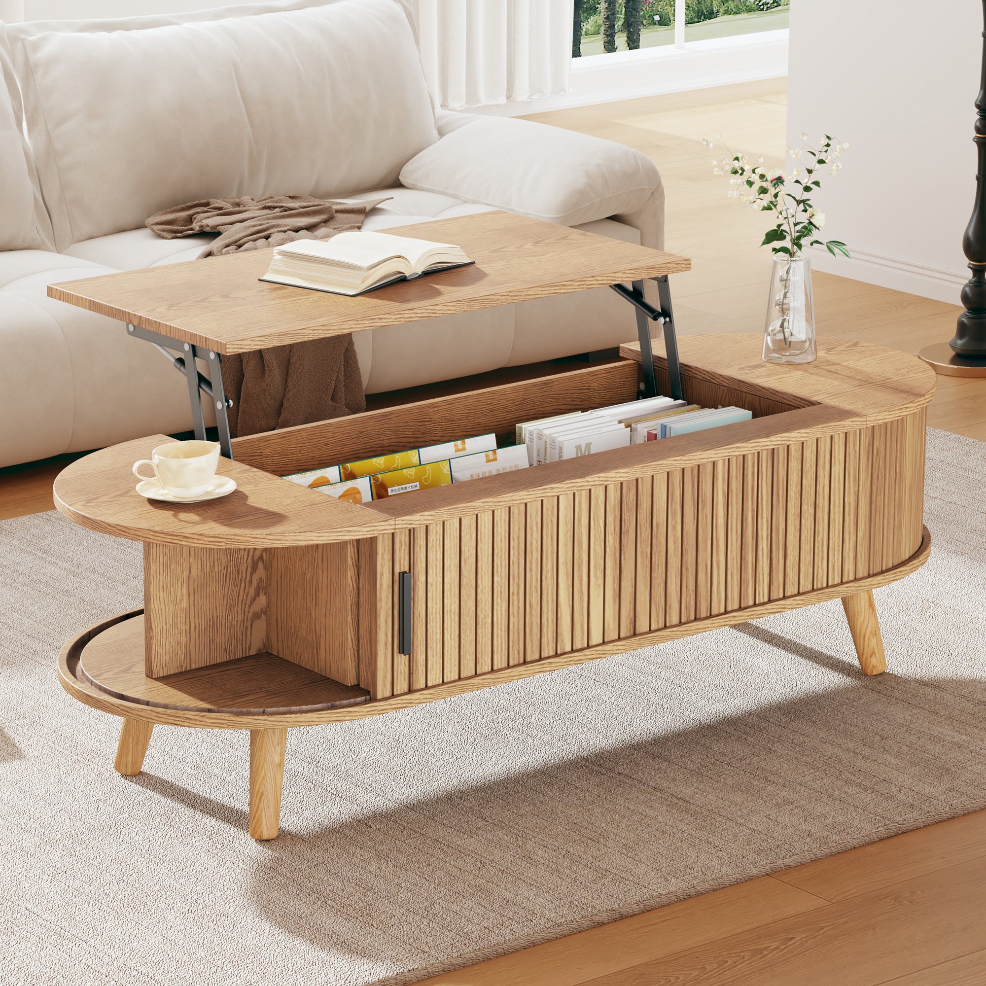 Table basse ovale relevable avec rangement dissimulé, table centrale, table d'appoint relevable pour canapé, table d'appoint gain de place pour salon, chambre, réception, table à thé, 120 x 50 x 39,5 cm, bois naturel