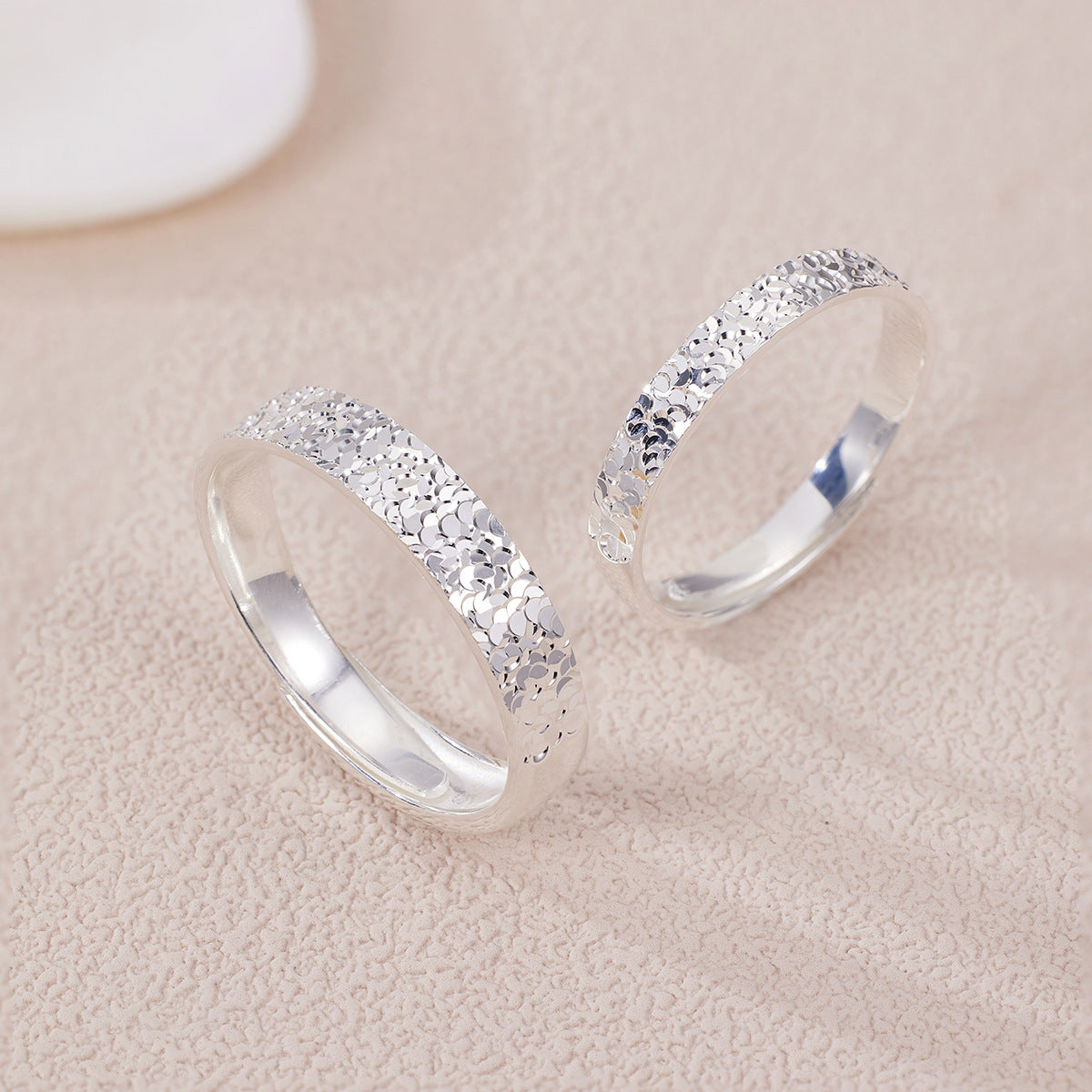 Bague Couple Ajustable Argent Pur S999 Super Étincelante Glace Fissurée Martelée