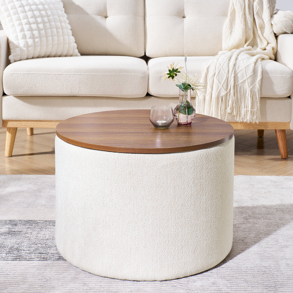 2-Piece Set Round Chenille Storage Ottoman, Equipped With A Drum Shaped Small Stool, Storage Space, And MDF Made Desktop Panel Beige 23.62x23.62x16.53