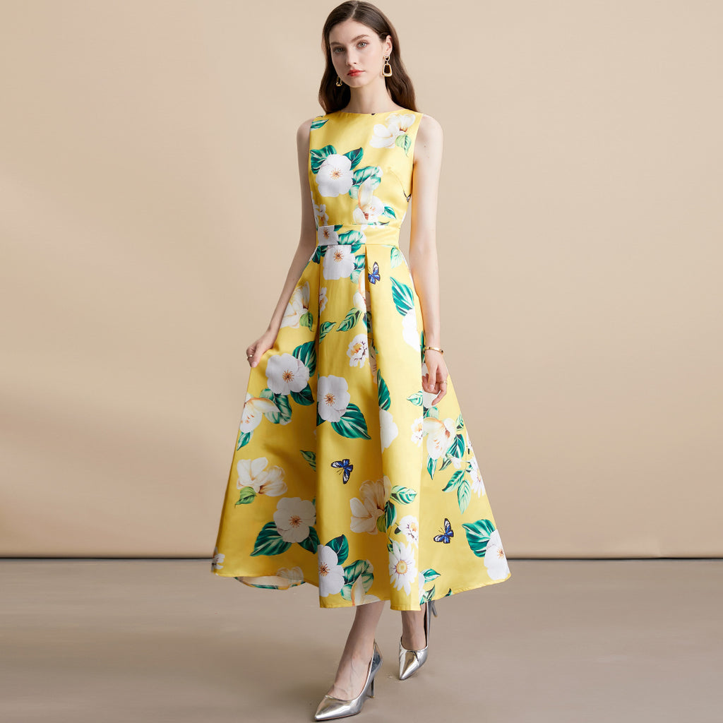 Robe longue sans manches imprimée style célébrité, taille cintrée, 80 cm
