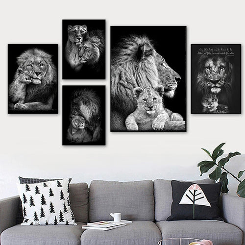 Affiche de Famille de Lions Noir et Blanc Impression sur Toile