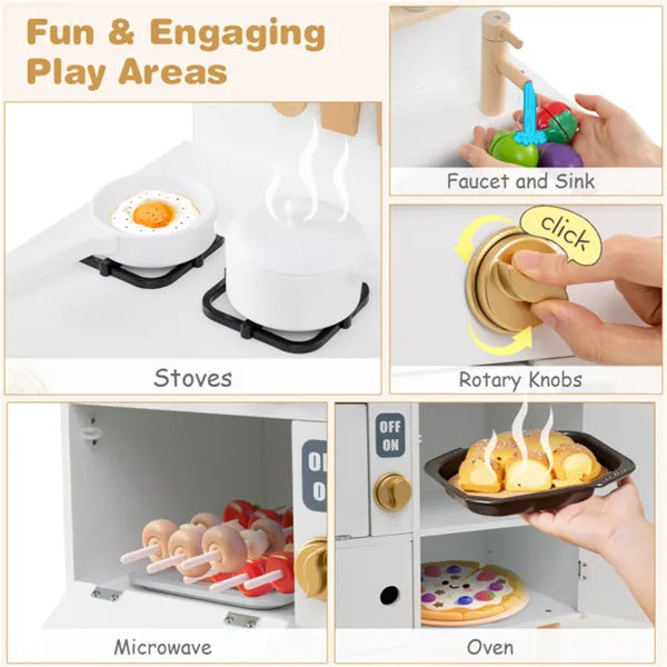 Cuisine en Bois Blanche pour Enfants avec Cuisinière et Évier Interactifs, Ensemble de Cuisine Imaginative Conforme ASTM/CPSIA Pour Enfants de 3 Ans et Plus