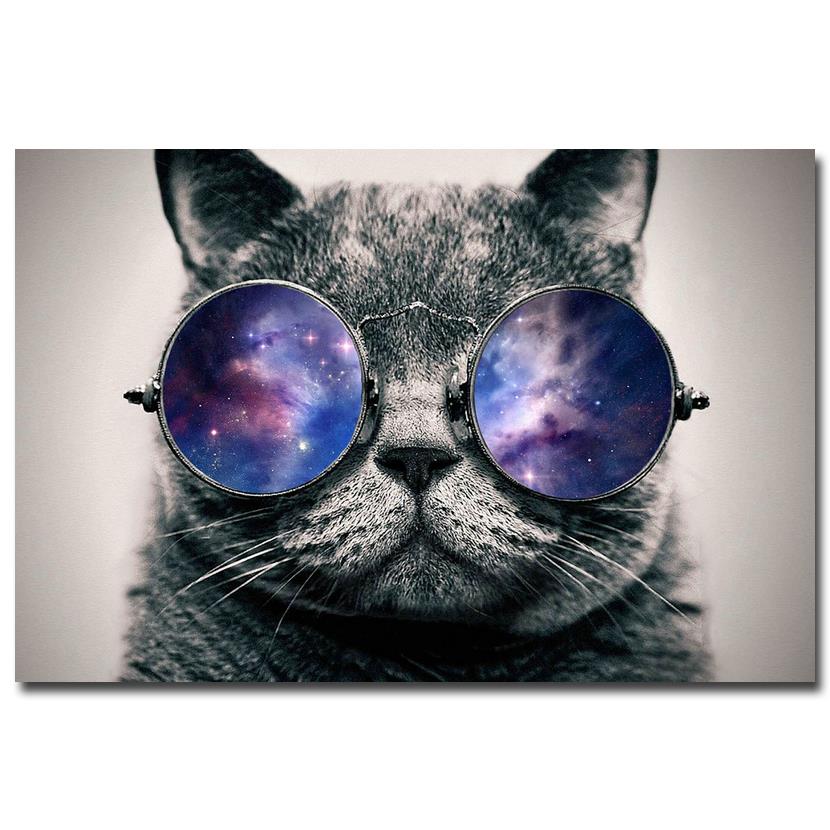 Chat portant des lunettes Affiche de peinture sur toile amusante de chat avec des lunettes de galaxie