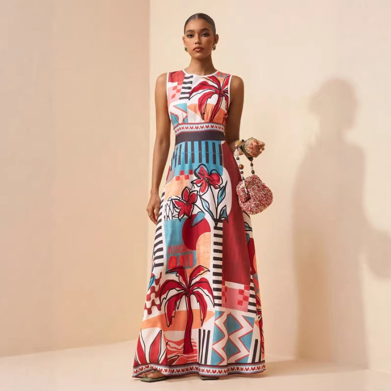 Robe à imprimé tropical de style bohème, coupe évasée, polyester, sans manches