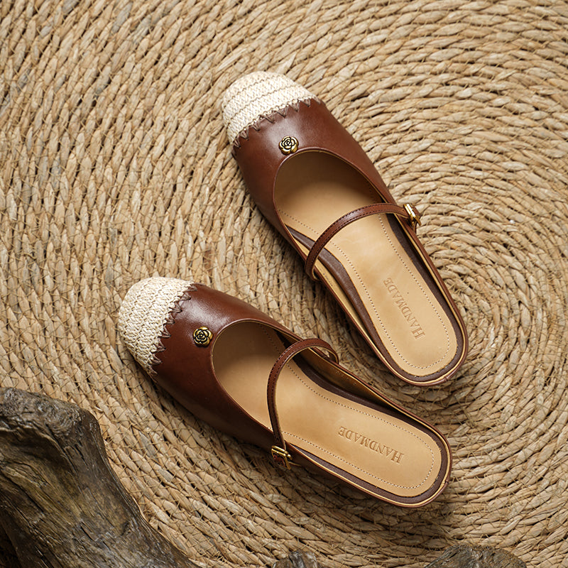 Mules artisanales pour femmes en cuir pleine fleur, style espadrille à bout carré