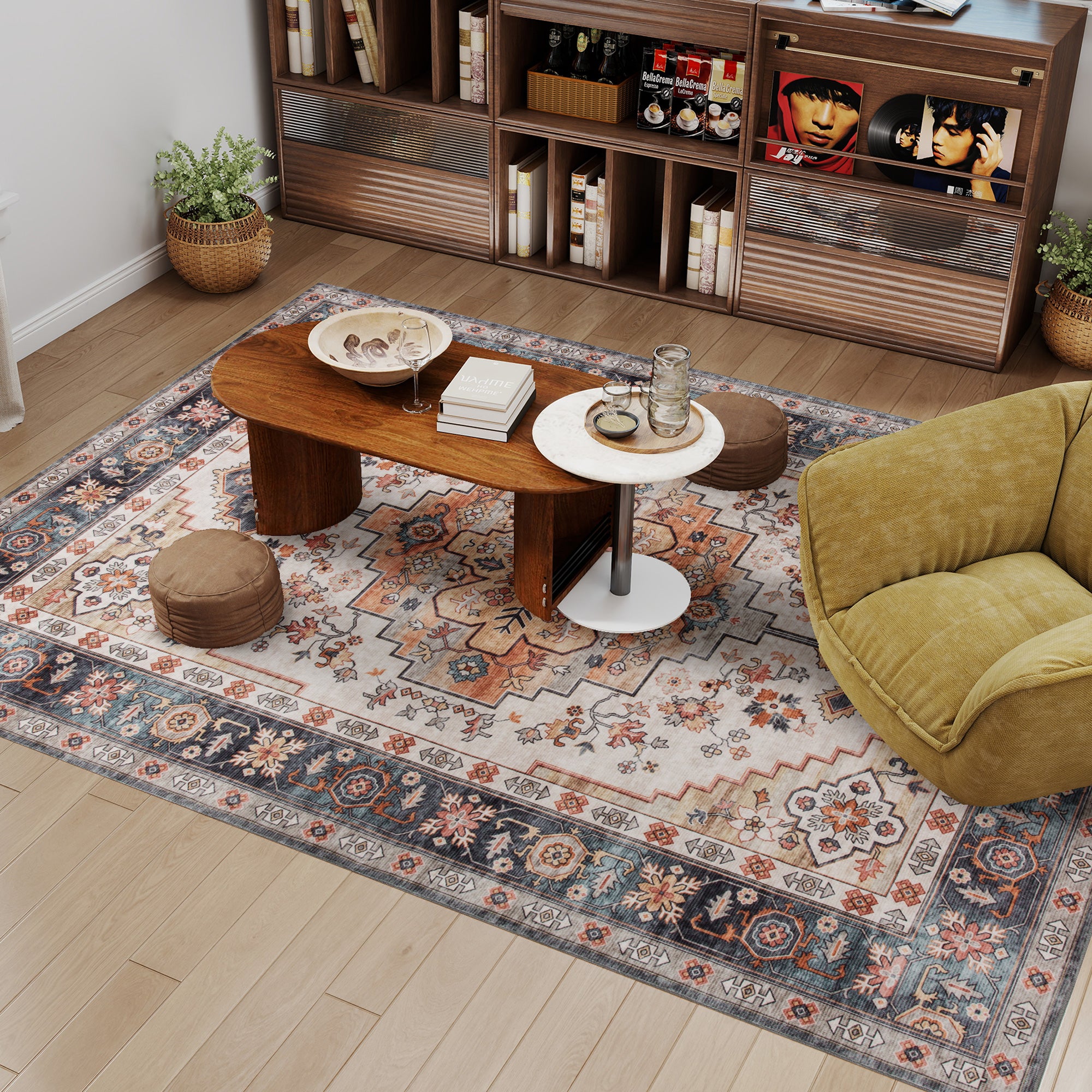 Tapis d'aire 8x10, Tapis Lavable en Machine, Tapis à Motif Médaillon Boho Antidérapant pour Salon, Chambre, Marron Fauve