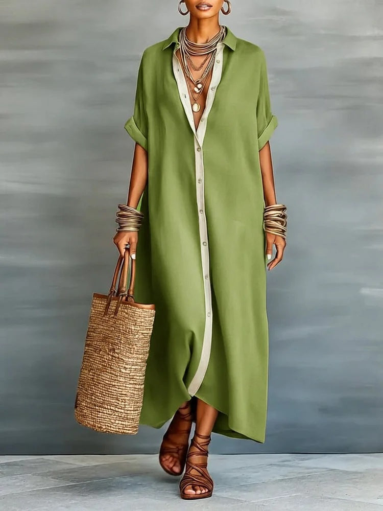 Robe Chemise Oversize Femme, Manches Relevées à Bordure Contrastée Boutonnée Maxi, Printemps-Été