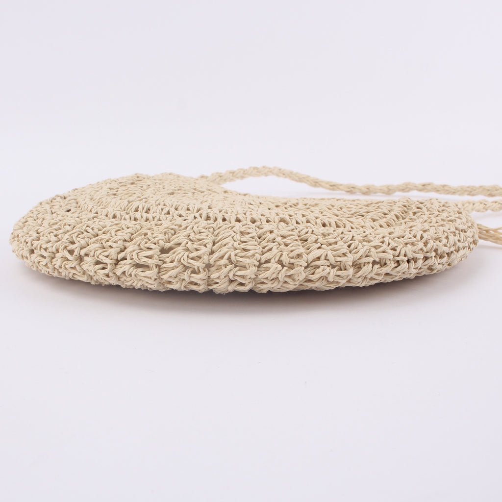 Sac à bandoulière tressé rond en paille avec pompon pour femmes