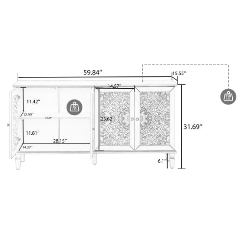 60 Antique Buffet Cabinet With Floral Carvings With Solid Wood Legs&Antique Brass Handles&Adjustable Shelves, TV Stand For 65'' TV, Sideboard For Living Room,Dining Room