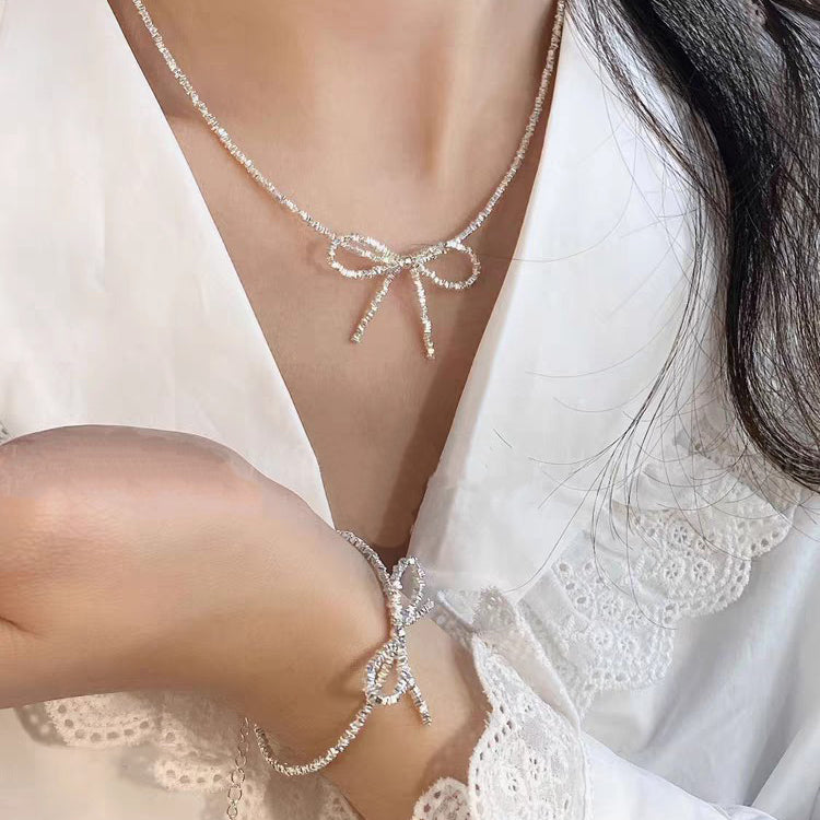 Ensemble Collier et Bracelet Nœud en Argent Sterling 999, Style Minimaliste Brillant, Idéal Quotidien et Cadeau Saint-Valentin