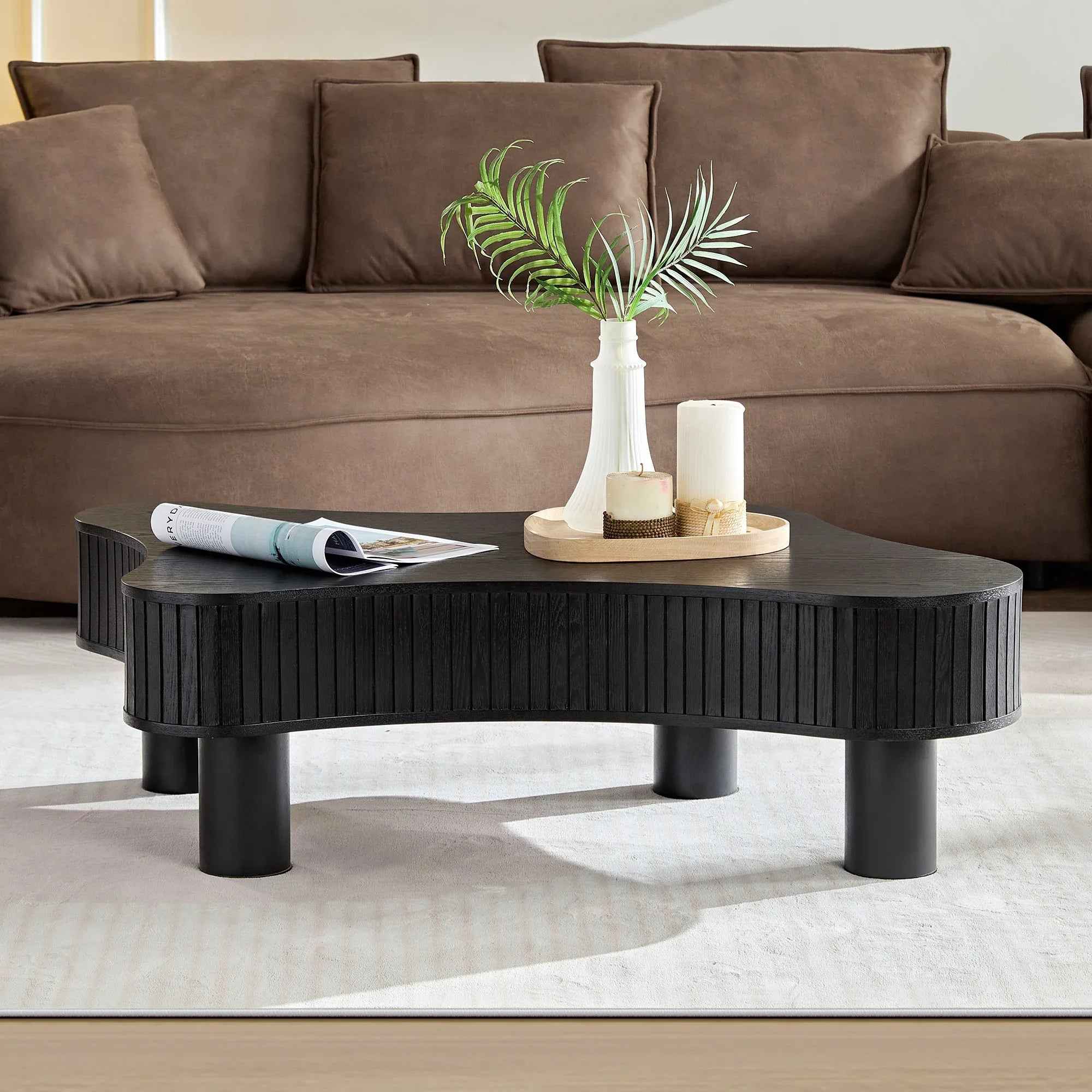 42.52 Inch Modern Wooden Handcraft Drum Coffee Table Irregular Shaped Coffee Table For Living Room,Small Coffee Table With Sturdy Pedestal - IVOIRART.COM