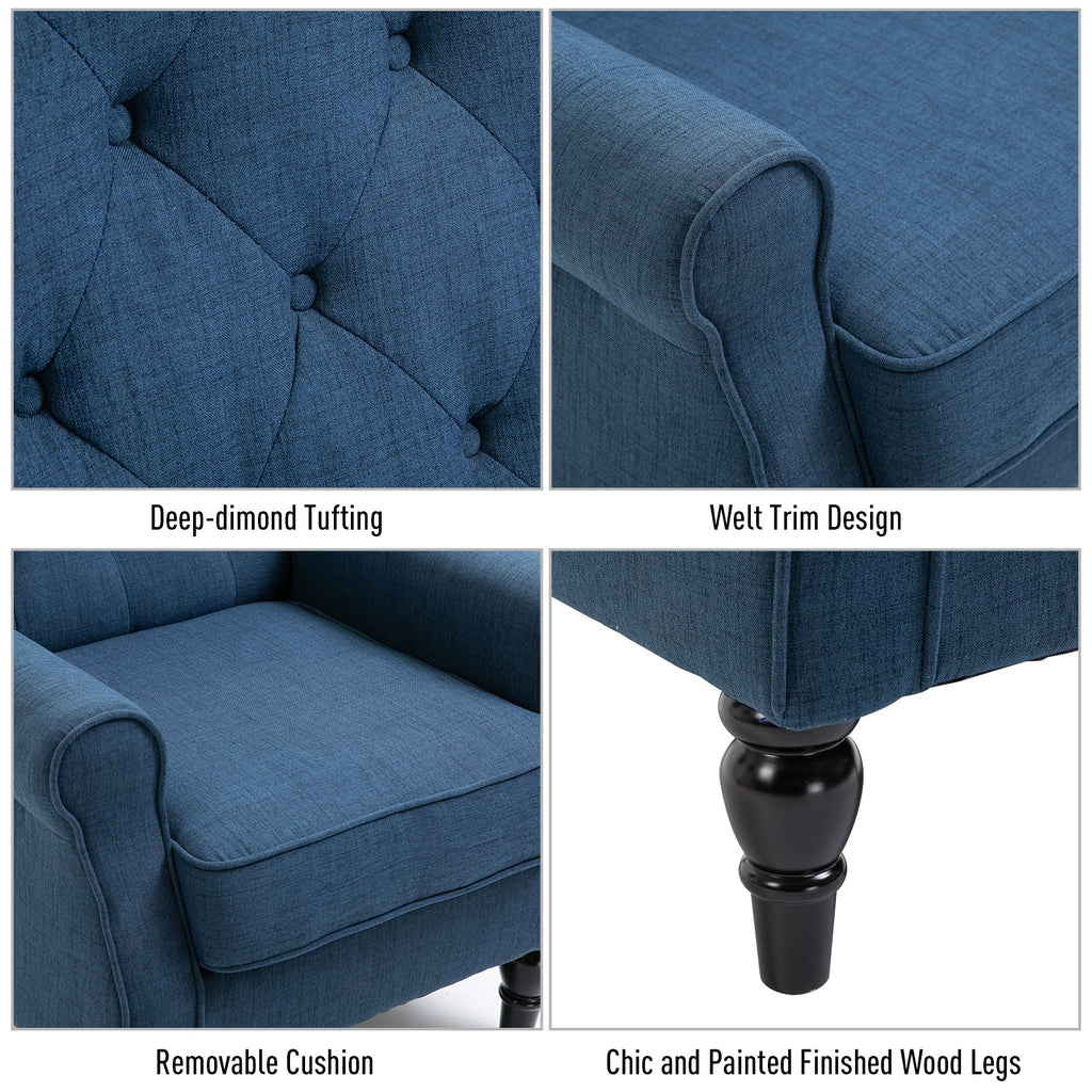 Fabric Tufted Club Accent Chair with Wooden Legs, Blue
