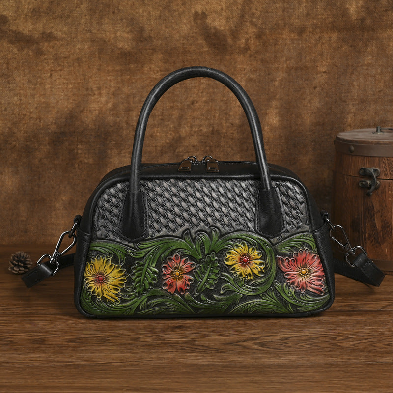 Sac à bandoulière pour femme en cuir pleine fleur style ethnique rétro