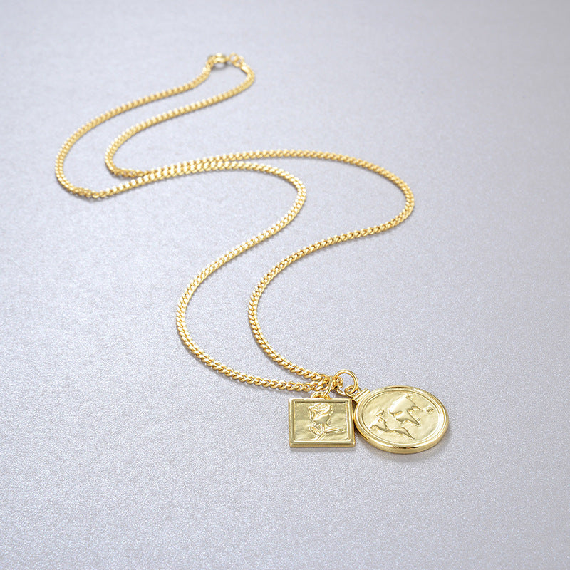 Collier Rétro Rose Pièce plaqué Argent S925 et Or 18 Carats Élégant