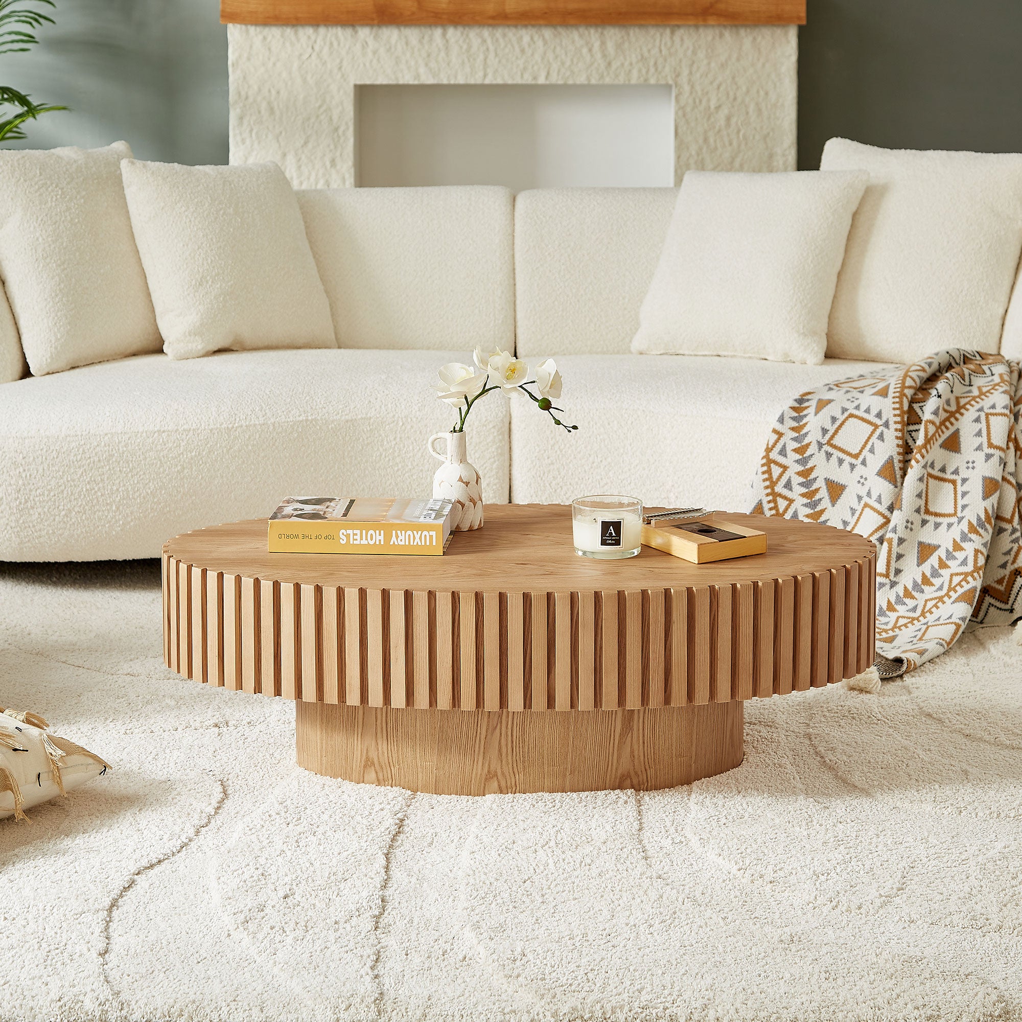 Modern Handcraft Drum Coffee Table Length 43.7 Inch Ellipse Coffee Table For Living Room,Oval Small Coffee Table With Sturdy Pedestal,Natural Ash MDF