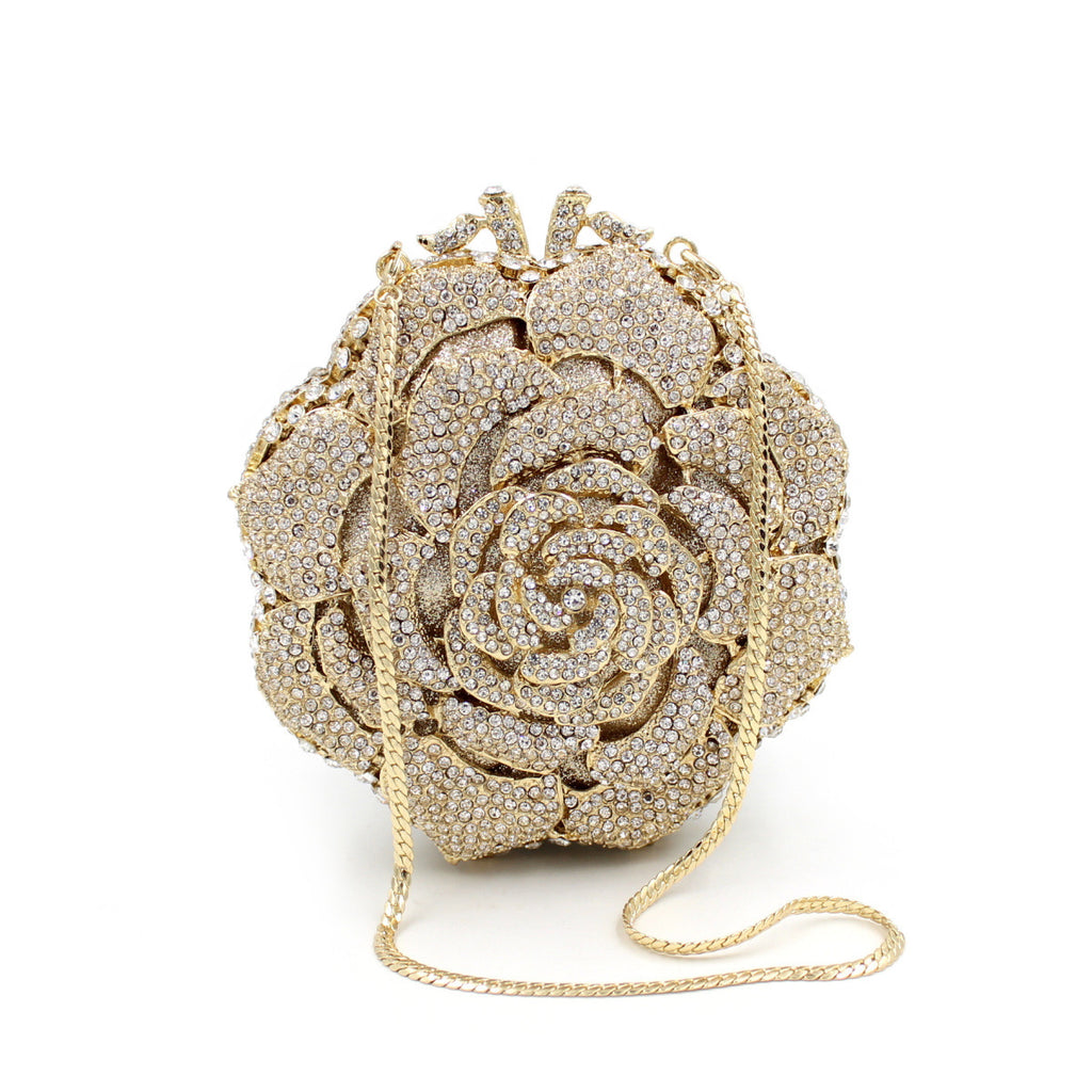 Sac Pochette Creux pour Femme en Métal Doré Orné de Strass Rose Élégant