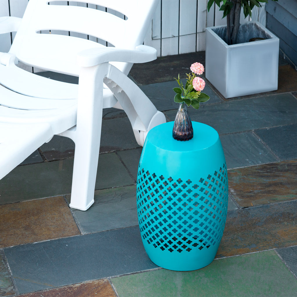 Table d'appoint extérieure en acier de 12,5 pouces, table ronde tambour creux pour patio, table d'appoint intérieur et extérieur, Bleu