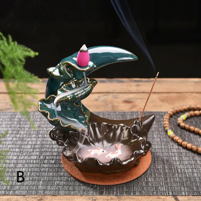 Brûleur d'Encens à Reflux en Forme de Lune Support Fumée Cascade Tiges d'Encens Décor Maison - IVOIRART.COM