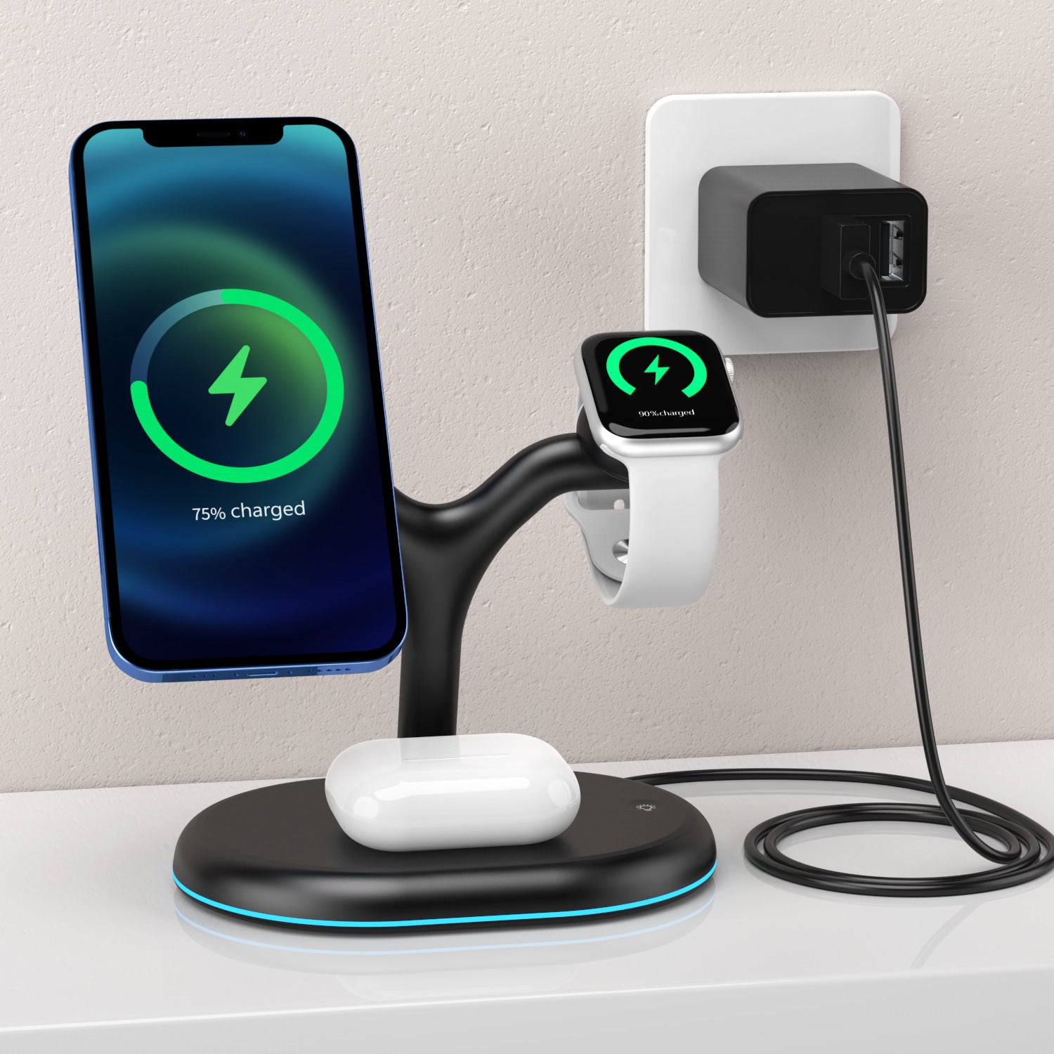 Chargeur sans fil magnétique multifonction trois en un élégant et pratique noir