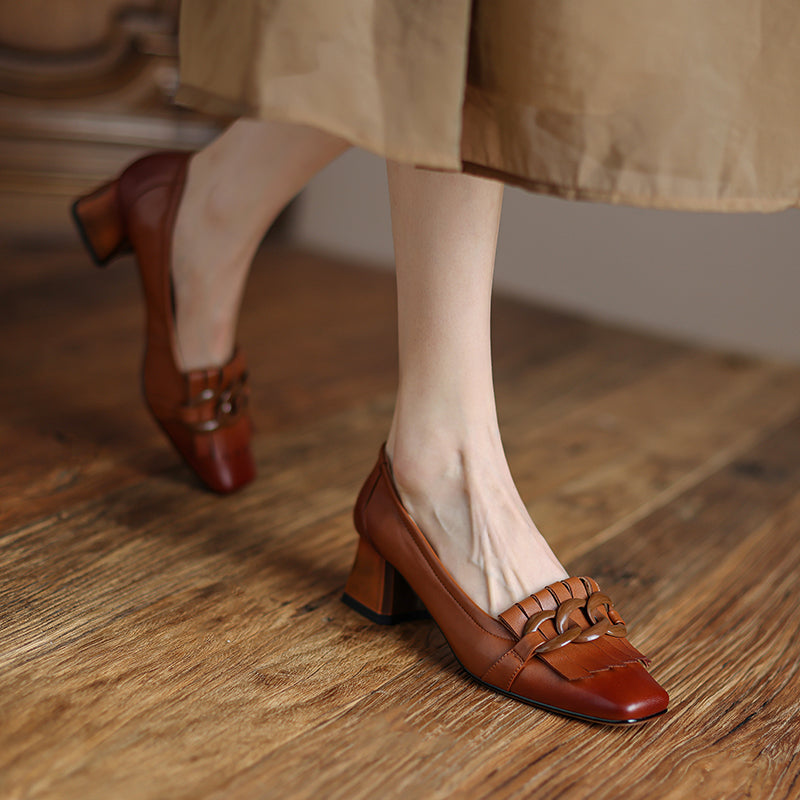 Escarpins femme faite main en cuir véritable de mouton avec franges et talon bloc carré