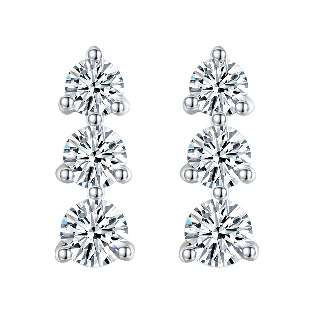 Boucles d'oreilles trois pierres en argent sterling S925 Moissanite rondes serties avec dos à vis et certificat GRA
