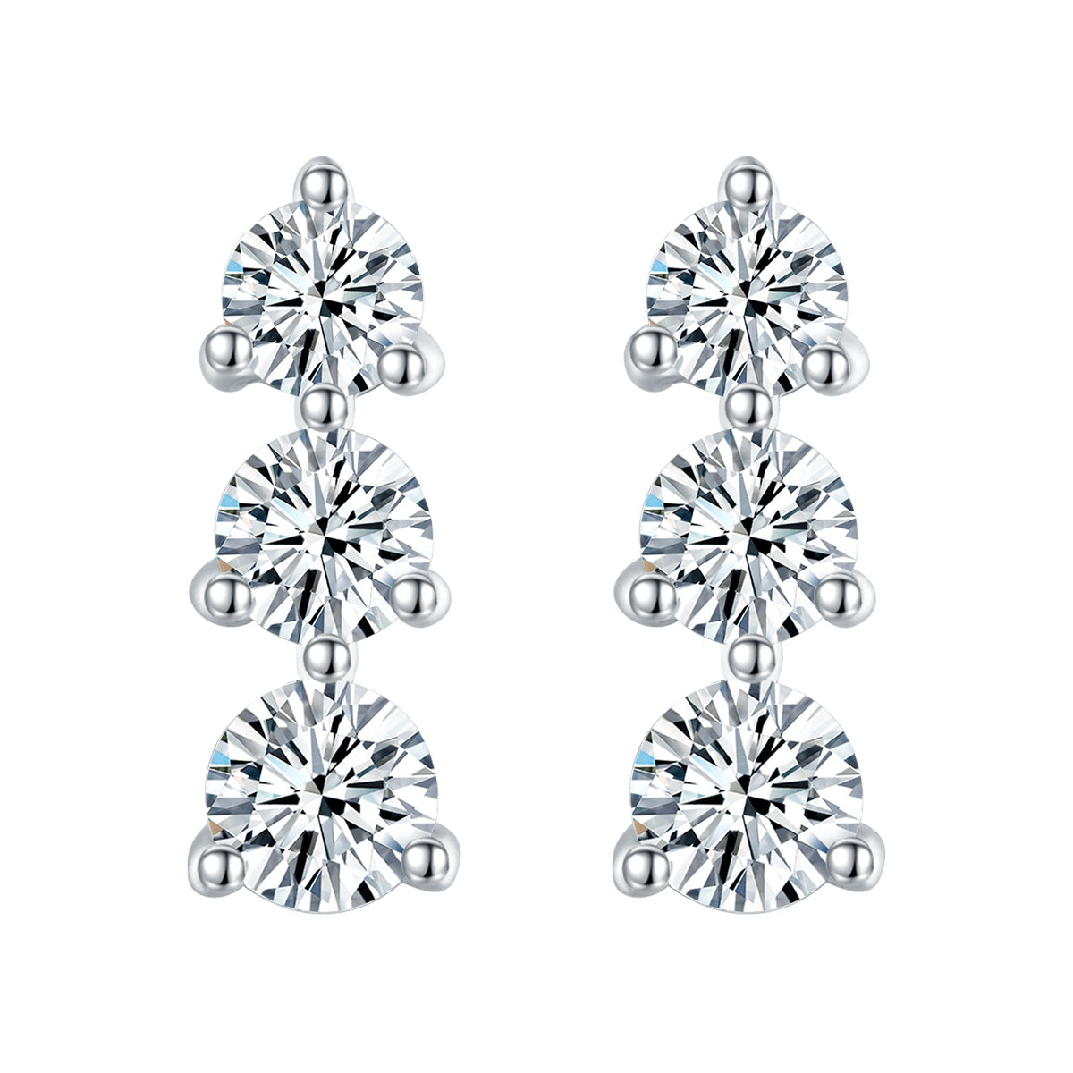 Boucles d'oreilles trois pierres en argent sterling S925 Moissanite rondes serties avec dos à vis et certificat GRA