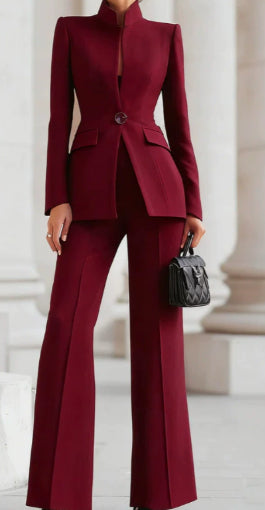 Ensemble Deux Pièces Costume Petit avec Poche et Bouton Unique Manche Longue