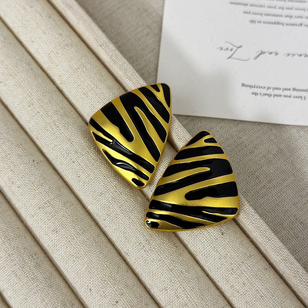 Boucles d'oreilles Vintage Triangle Huile Goutte Argent Aiguille Motif Zebra
