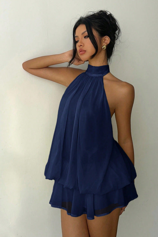 Robe asymétrique à col noué au cou au design moderne pour femme piquante