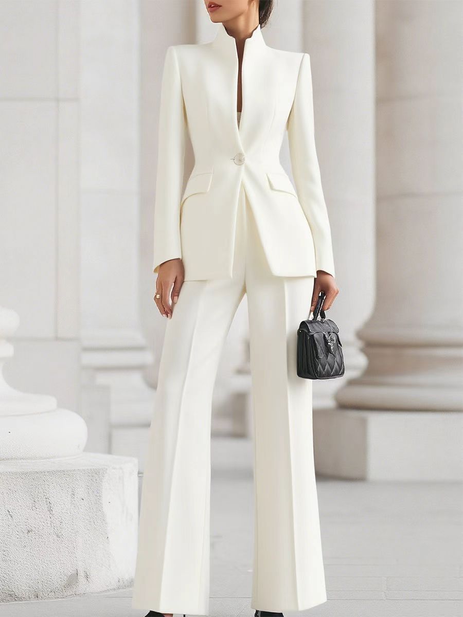 Ensemble Deux Pièces Costume Petit avec Poche et Bouton Unique Manche Longue