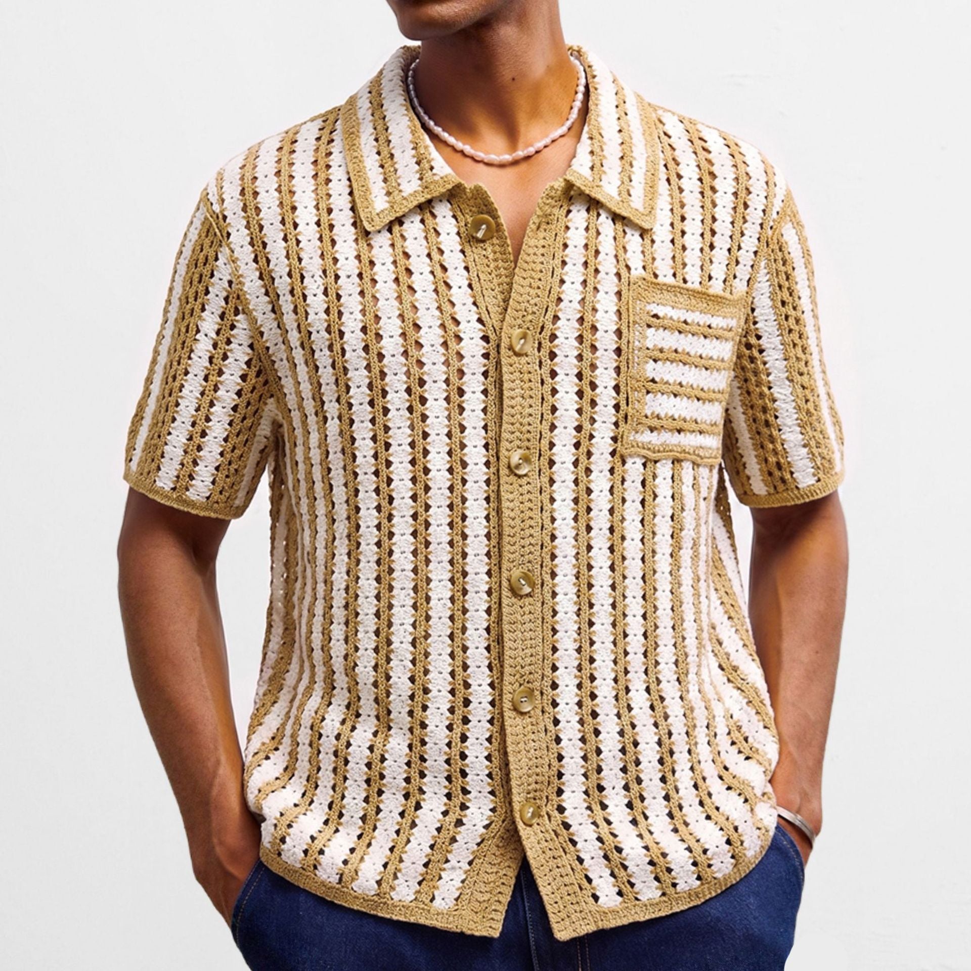 Pull Homme Rétro À Rayures Avec Mailles Ajourées Confortables Khaki