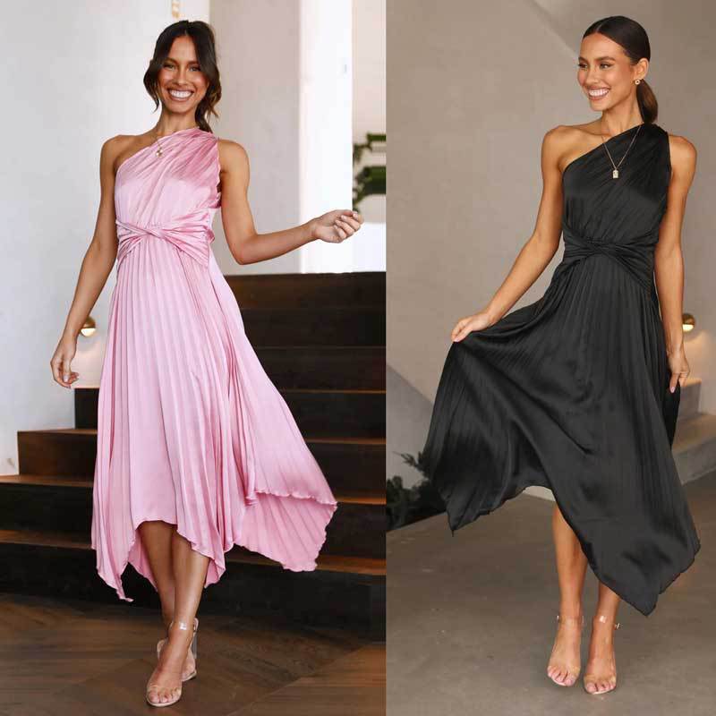 Robe maxi plissée élégante pour femme, couleur unie, idéale pour soirées