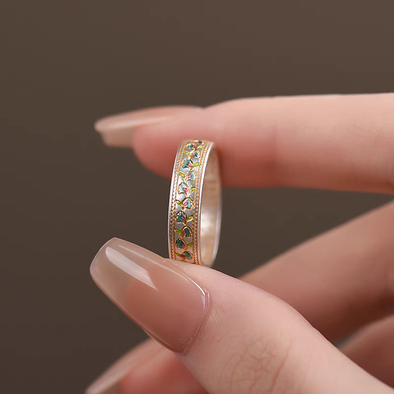 Bague ouverte en émail Lys des Vallées en argent sterling 999, style chinois rétro, idéale pour port quotidien et cadeau Saint-Valentin