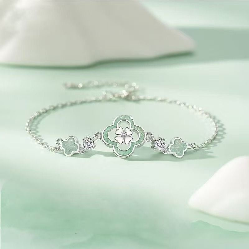 Bracelet trèfle vert en zircon en argent sterling 999, style rétro luxueux, idéal au quotidien et pour occasions spéciales