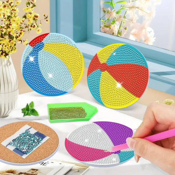 Kit de Sous-Verres en Peinture de Rhinestones avec 6 Ballons de Plage - Art de Peinture DIY pour l'Été