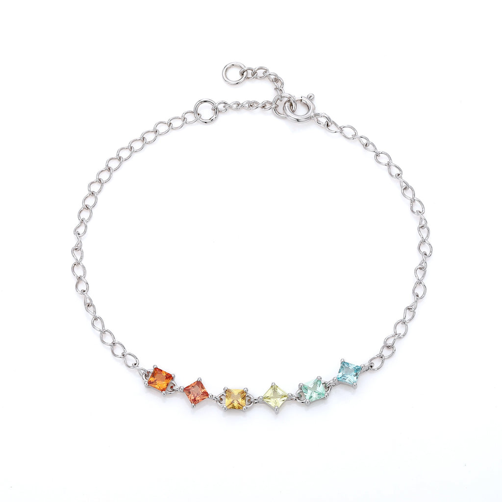 Bracelet Arc-en-Ciel en Argent Sterling S925 avec Gemmes Laboratoires Coupées Carré, 16cm, Placage Platine, Coffret Cadeau