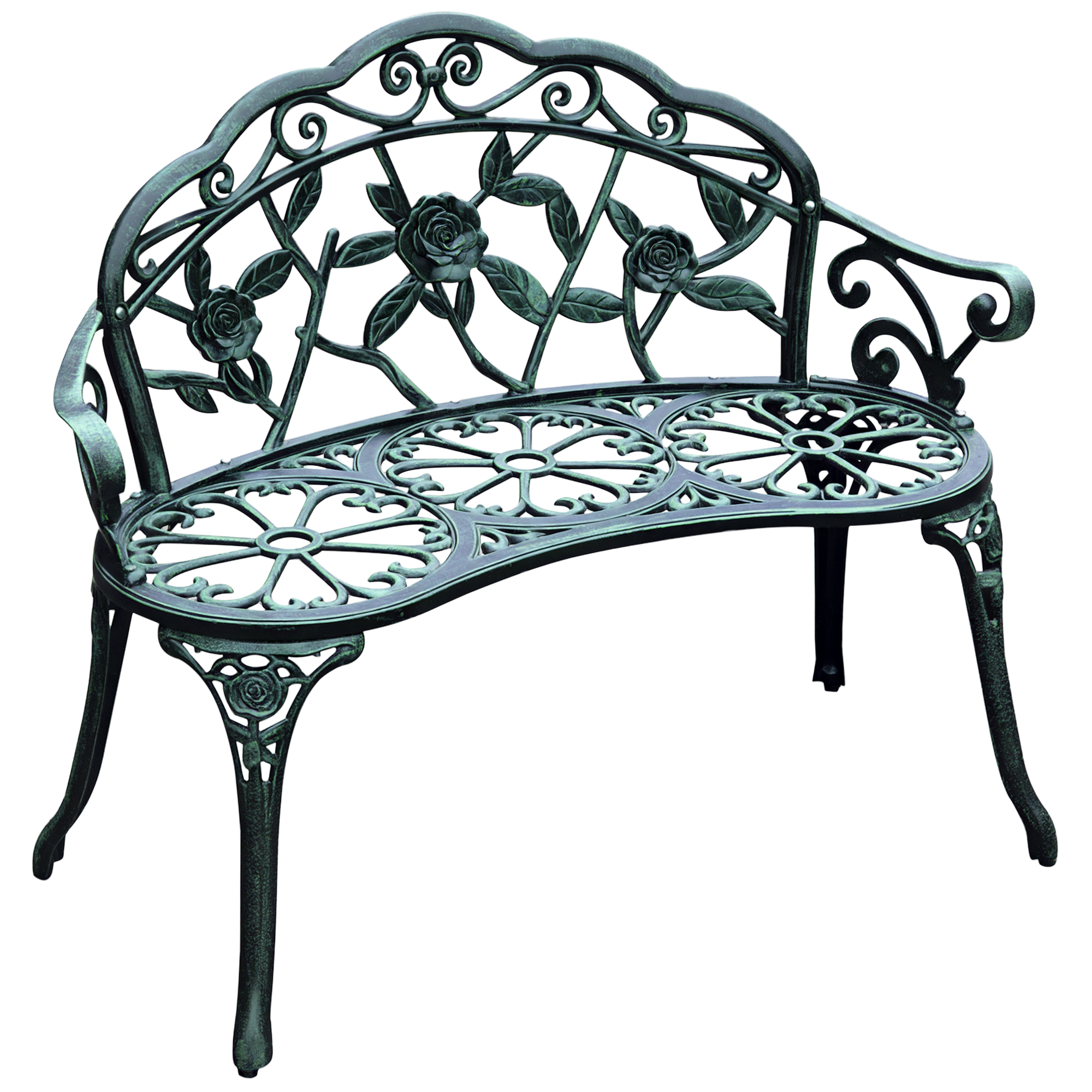 Outdoor Bench, Cast Aluminum Outdoor Furniture, Metal Bench with Floral Rose Accent & Antique Finish, Green
